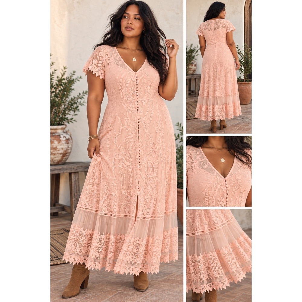 Torrid Size 2 Peach Pink Lace Maxi Dress Boho Romantic Button Front